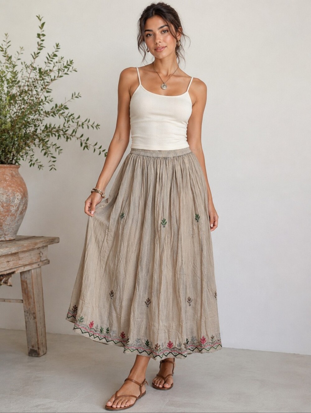 Young Threads Embroidered Cotton Boho Midi Skirt NWT Size Large